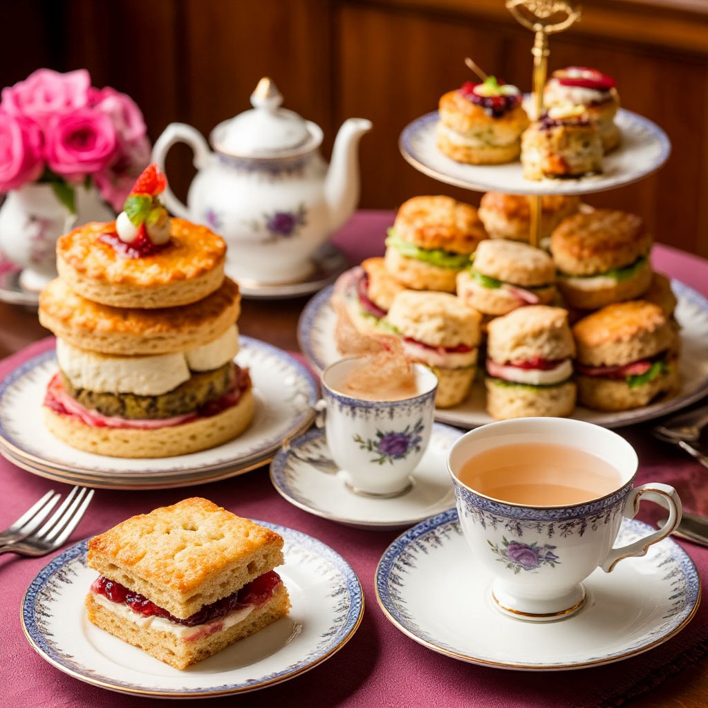 Traditional British afternoon tea with scones and finger sandwiches