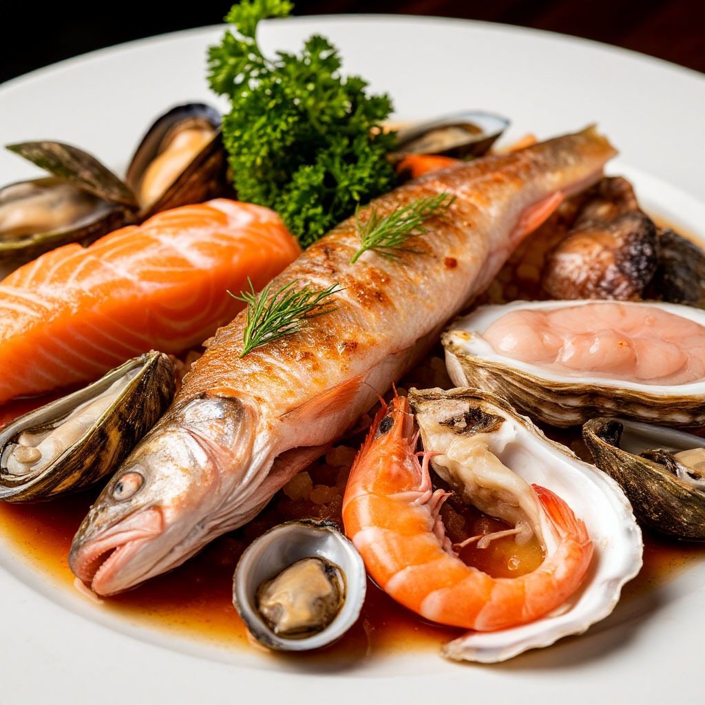 British seafood course with fresh fish and shellfish preparation
