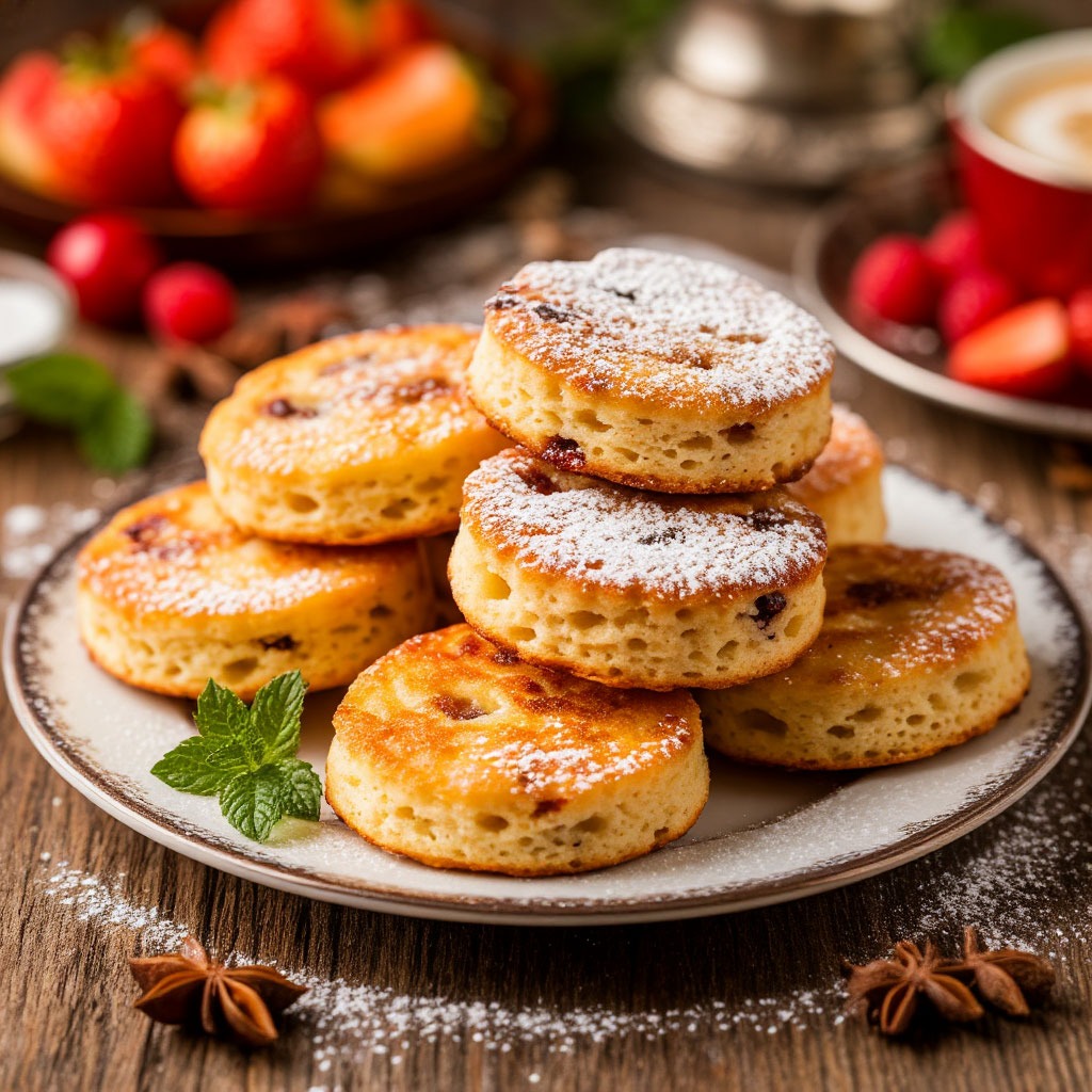 Stack of Welsh cakes dusted with sugar on vintage plate
