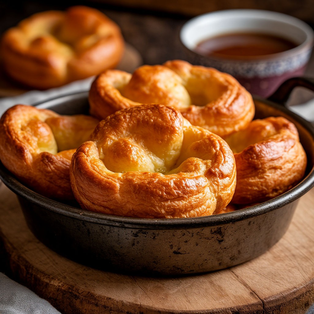 Perfectly risen Yorkshire puddings in traditional tin